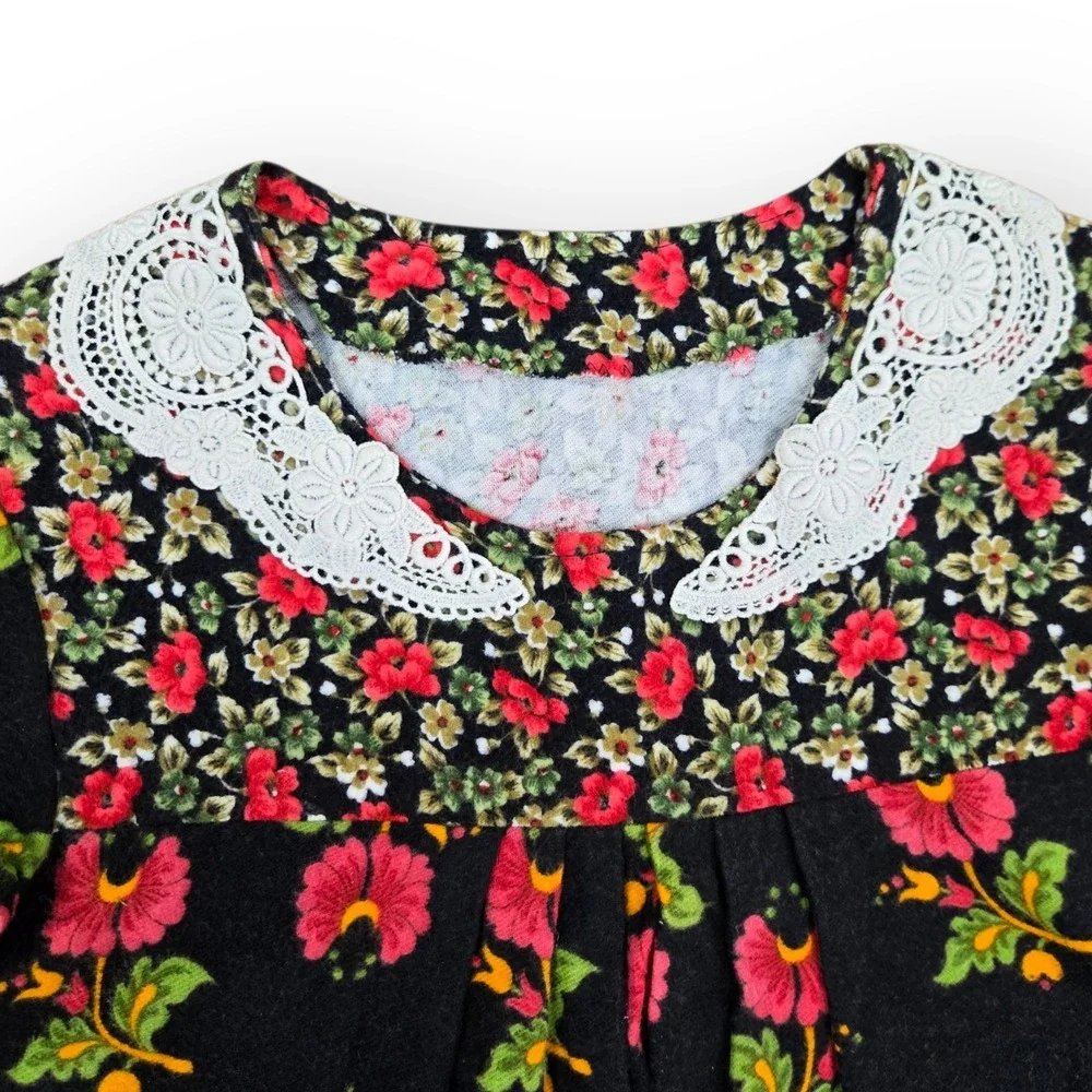 VTG 70s Handmade Floral‎ Dress Vintage Girls Red Lace Size 12, 18